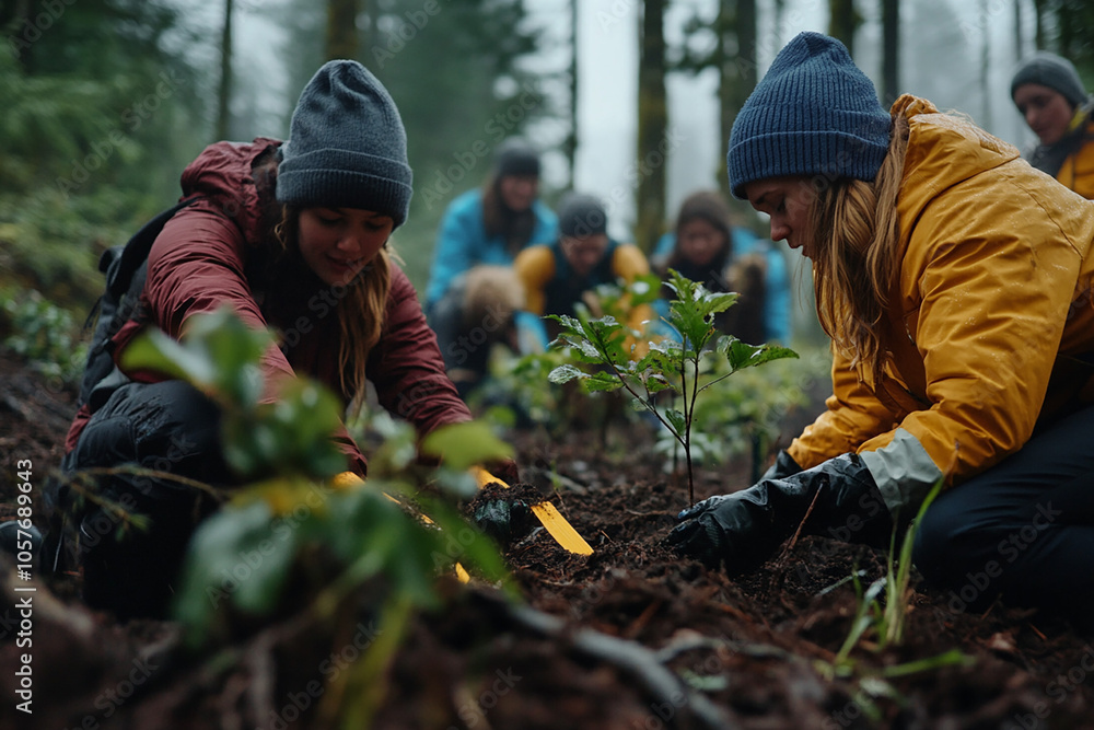 image of volunteers planting trees in forest, close-up image of volunteers planting trees in forest, close-up
