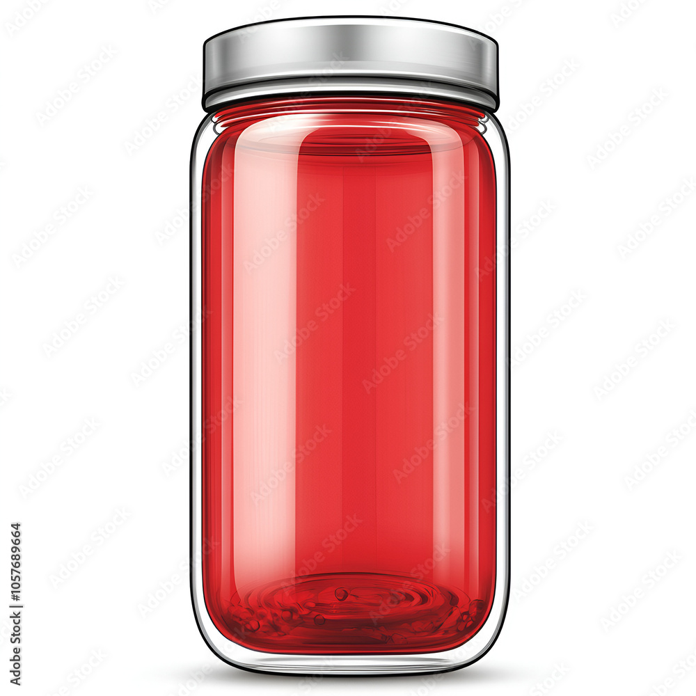 A transparent glass jar filled with bright red liquid sits on a clean white surface, reflecting light in a well-lit kitchen A transparent glass jar filled with bright red liquid sits on a clean white surface, reflecting light in a well-lit kitchen