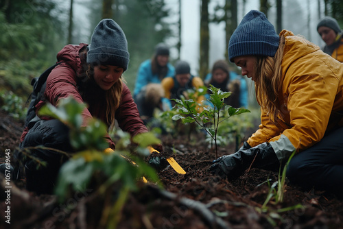 image of volunteers planting trees in forest, close-up