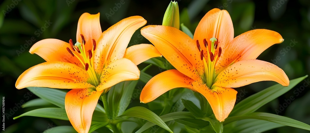 Stunning close up of vibrant orange lilies in full bloom with bright green stems and leaves creating a lush natural and serene backdrop or design element Stunning close up of vibrant orange lilies in full bloom with bright green stems and leaves creating a lush natural and serene backdrop or design element