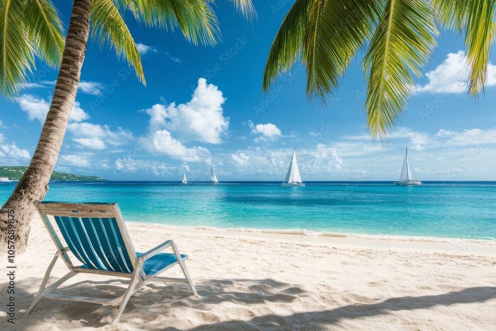 Relaxing beach view with turquoise waters, sailboats, and palm trees on a sunny day Relaxing beach view with turquoise waters, sailboats, and palm trees on a sunny day