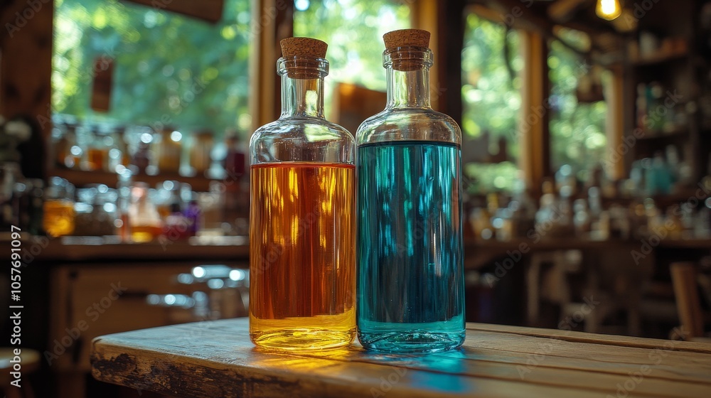Colorful glass bottles with vibrant liquids on wooden table in warm ambient light Colorful glass bottles with vibrant liquids on wooden table in warm ambient light