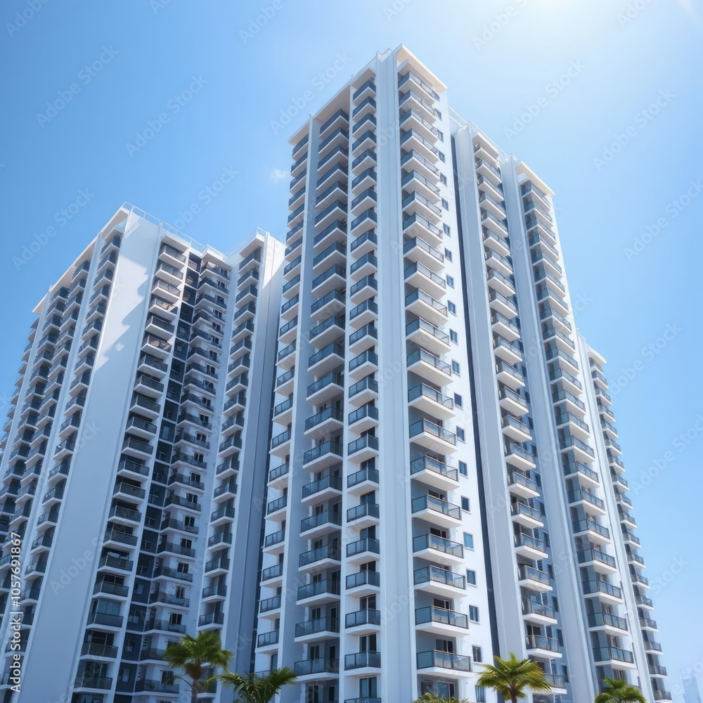 White condominium complex on bright blue sky banner background copy space Condominium White condominium complex on bright blue sky banner background copy space Condominium