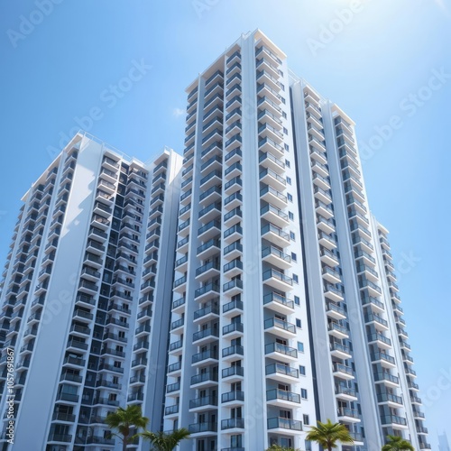 White condominium complex on bright blue sky banner background copy space Condominium 