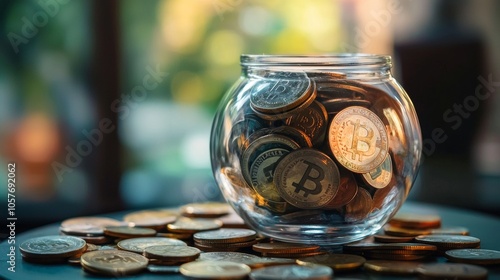 Bitcoin Coins in a Glass Jar with Soft Lighting