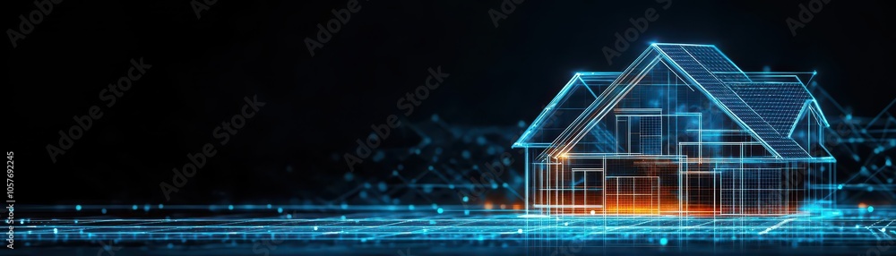 Fototapeta premium Blueprint of urban sustainable housing, solar and windpowered, architectural rendering, dark blue highlights, minimalistic layout