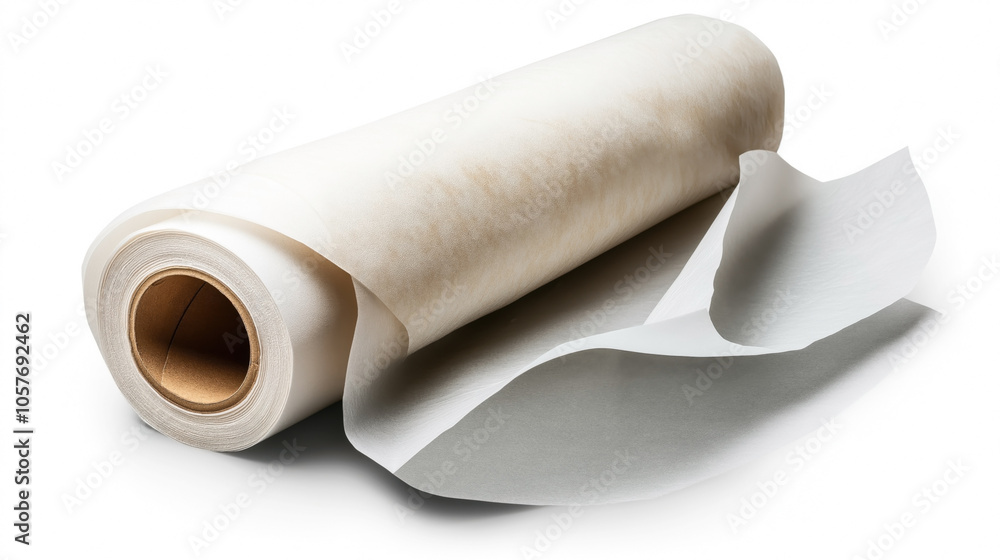 Fototapeta premium Large roll of white baking parchment paper on a clean white background, with a portion of the paper unfurled, showcasing its texture and thickness.