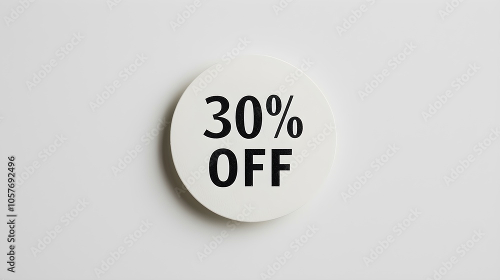Black '30% OFF' Text on a White Round Paper Note. White Background with Copy Space Black '30% OFF' Text on a White Round Paper Note. White Background with Copy Space