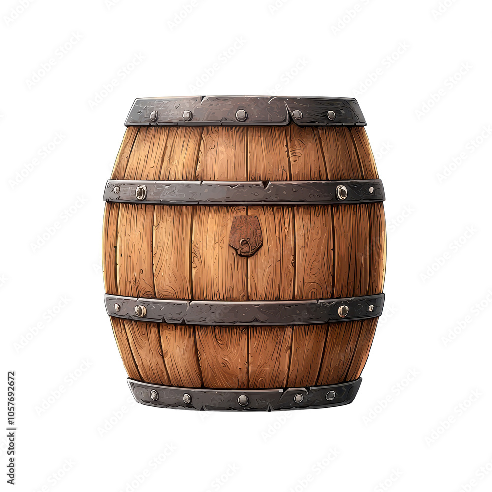 Obraz premium Rustic wooden barrel with metal bands, isolated on white background.