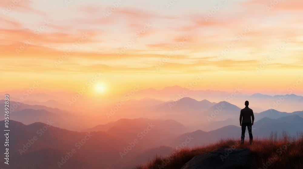 Fototapeta premium A person admires a stunning sunrise view over misty mountains in the morning light