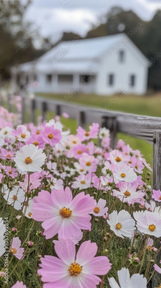 Delicate cosmos flowers blooming near white farmhouse Delicate cosmos flowers blooming near white farmhouse