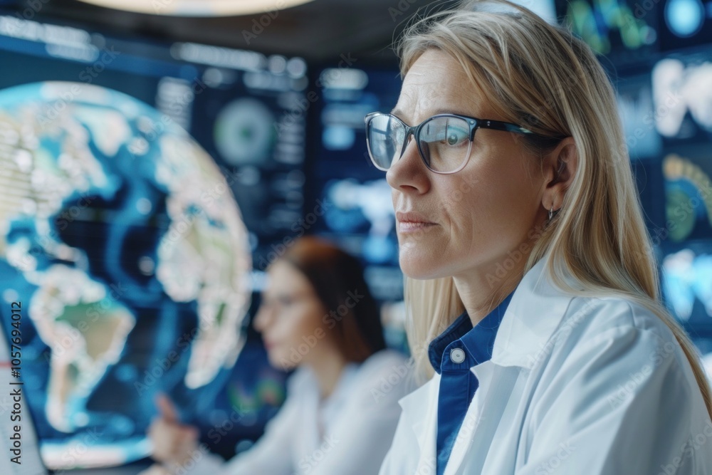 Scientist analyzing global data in a technology-driven research lab with digital screens.