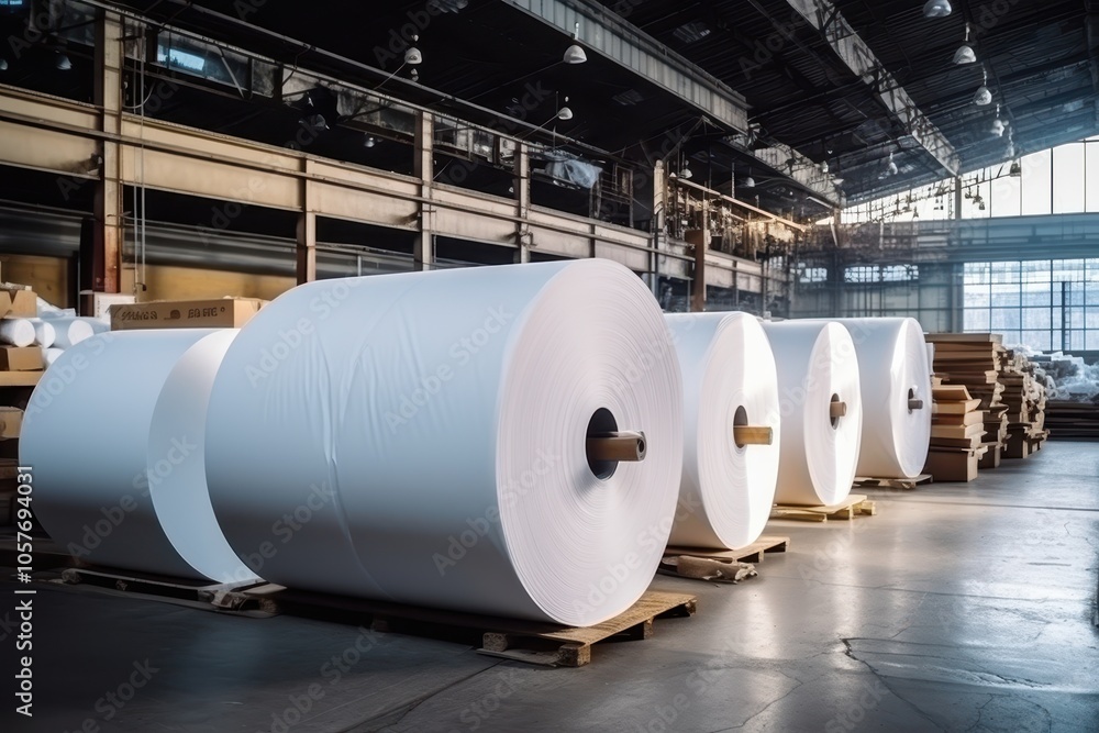 Large paper rolls stored in printing or packaging factory Large paper rolls stored in printing or packaging factory