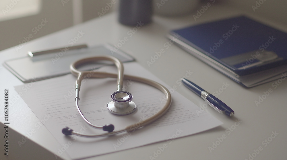 Organized Medical Workspace with Stethoscope, Patient Chart, and Pen - Clean, Professional Atmosphere for Healthcare Readiness Organized Medical Workspace with Stethoscope, Patient Chart, and Pen - Clean, Professional Atmosphere for Healthcare Readiness
