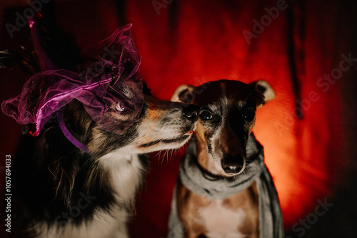 Zdjęcie psa w kostiumie Halloween na strasznym tle