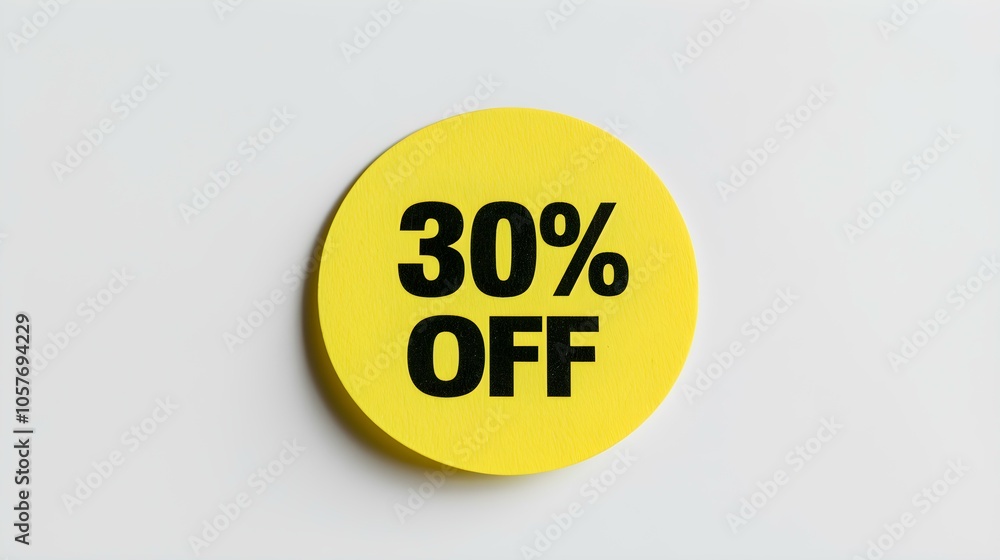 Black '30% OFF' Text on a Yellow Round Paper Note. White Background with Copy Space Black '30% OFF' Text on a Yellow Round Paper Note. White Background with Copy Space