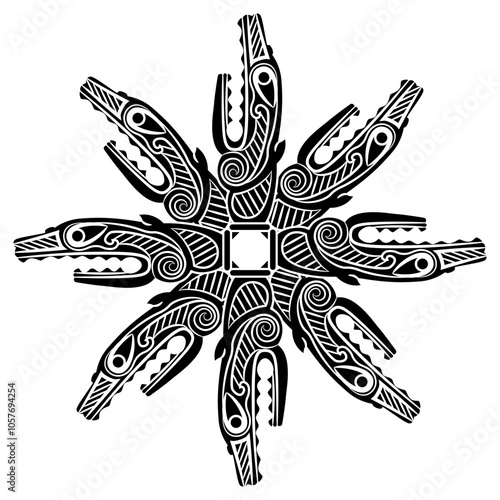 Round geometrical star shape mandala with four heads of fantastic dragons. Ethnic Norse Viking design from ancient Norway. Black and white silhouette.