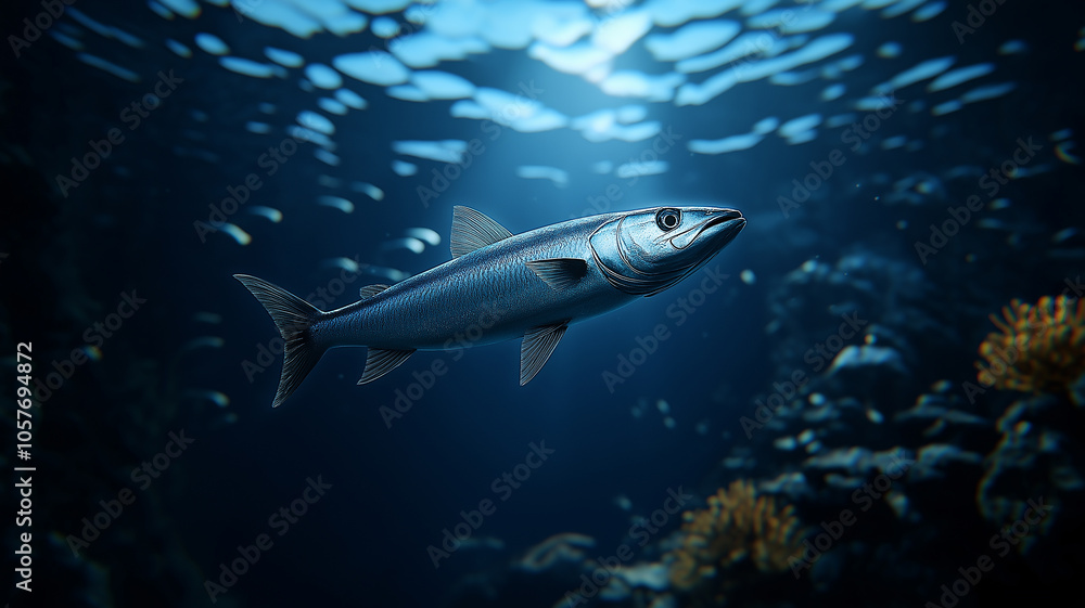 dynamic shot of barracuda swimming swiftly through ocean depths dynamic shot of barracuda swimming swiftly through ocean depths