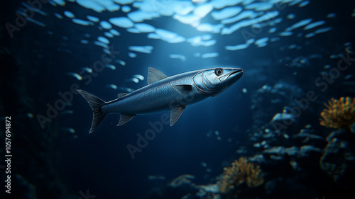 dynamic shot of barracuda swimming swiftly through ocean depths