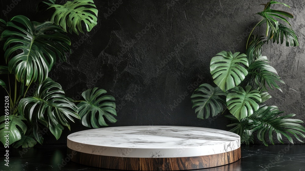 White marble platform on black and brown wood, adorned with monstera leaves. Abstract 3D design for modern product display. White marble platform on black and brown wood, adorned with monstera leaves. Abstract 3D design for modern product display.