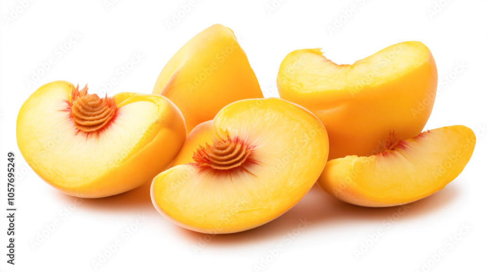 Close-up of fresh yellow peach slices with visible texture and vibrant colors on a white background. Close-up of fresh yellow peach slices with visible texture and vibrant colors on a white background.