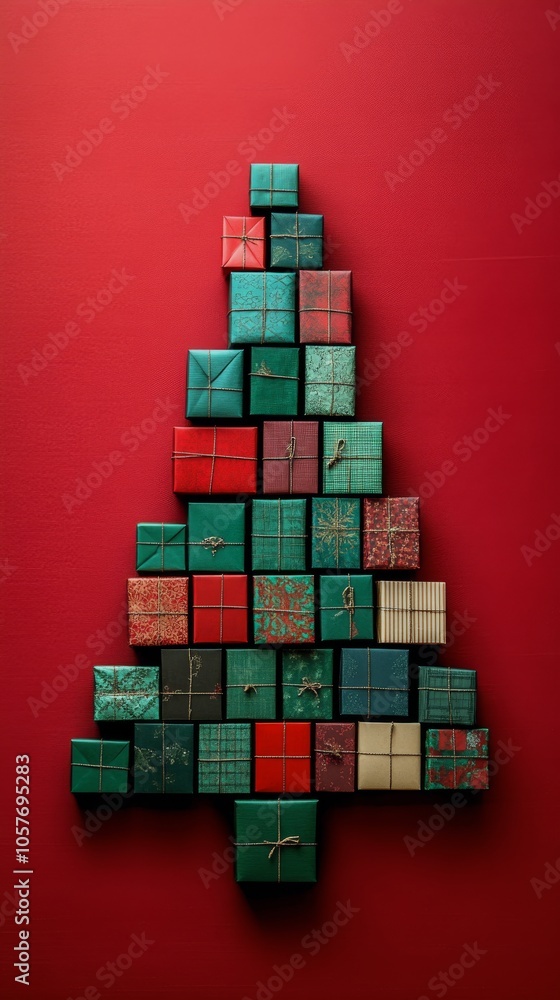 Decorative stack of wrapped gifts arranged like a Christmas tree against a red background Decorative stack of wrapped gifts arranged like a Christmas tree against a red background