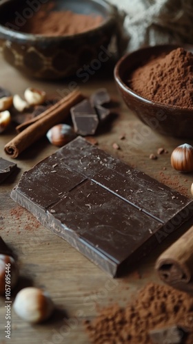 Chocolate bar surrounded by nuts and spices on a wooden table in a warm kitch...