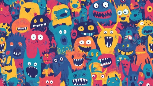 Crowd of colorful cartoon monsters smiling and screaming