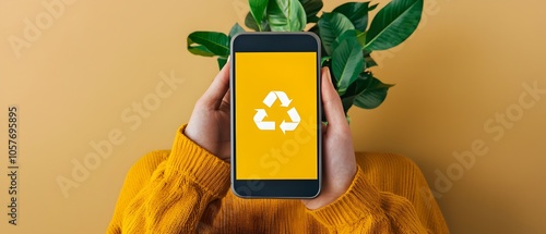 Person using a mobile recycling app to locate nearby eco friendly disposal and recycling points in the city promoting sustainable waste management and environmental conservation photo