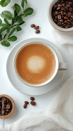 A serene cup of coffee resting on an elegant white silk surface in soft morni...