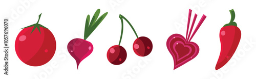 Red Fruit and Veggie with Tomato, Cherry, Beet and Pepper Vector Set