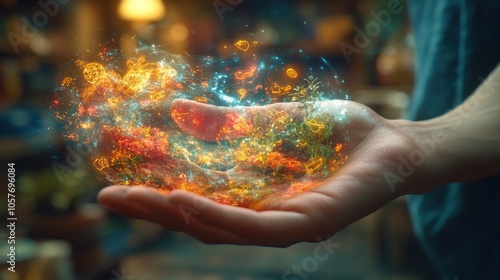 A hand holding a glowing orb of fire and water, symbolizing the power of nature.