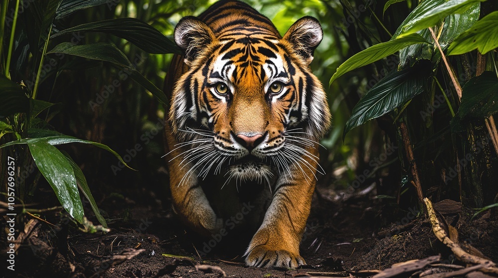Fototapeta premium A wildlife photography shot of a tiger emerging from the dense jungle, with its eyes locked onto the camera.