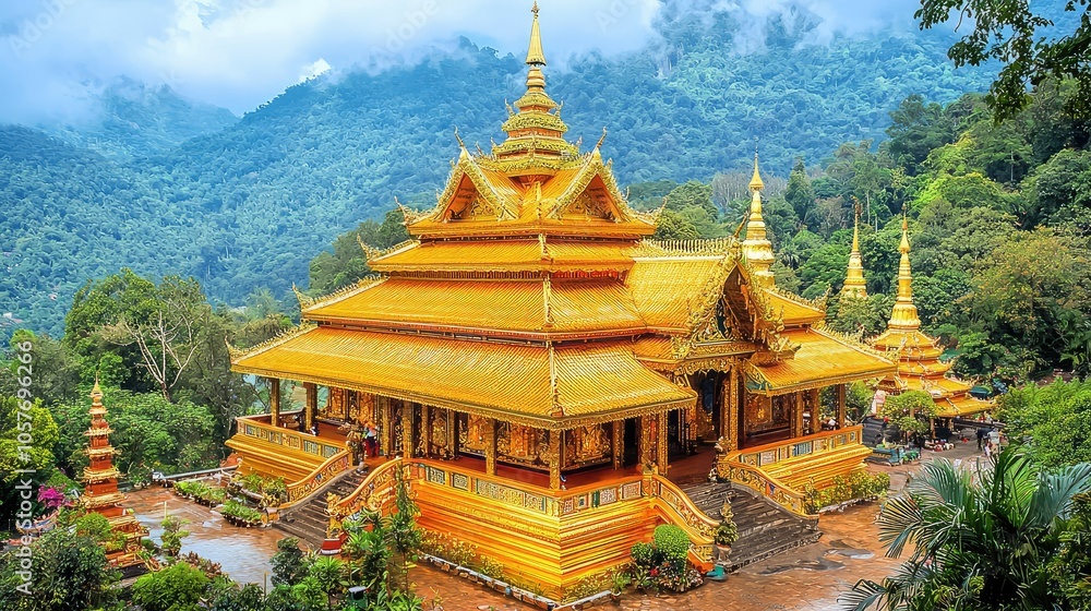 Intricate Golden Thai Temple Against Lush Mountains Intricate Golden Thai Temple Against Lush Mountains