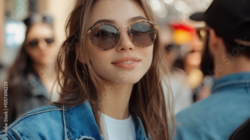 Trendy Young Woman in Sunglasses and Denim Jacket in Vibrant Urban Setting. Generative ai