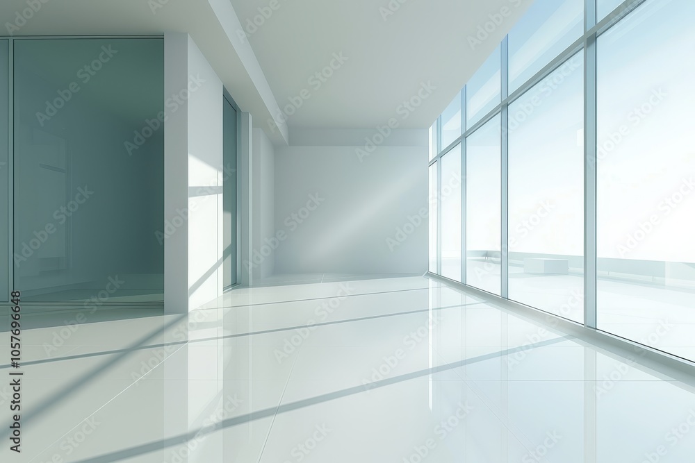 Fototapeta premium Minimalist open space with floor-to-ceiling windows and natural light.