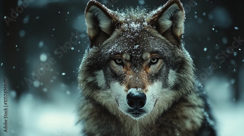 Wolf in a snowy forest during winter, showcasing its majestic gaze and thick ...