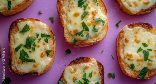 Crispy cheese toast topped with fresh herbs on a vibrant background at a cozy...