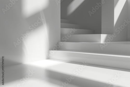 Minimalist white staircase with sunlit shadows in modern architecture.