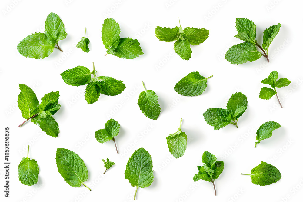 Fresh mint leaves arranged on a white background, top view. Fresh mint leaves arranged on a white background, top view.