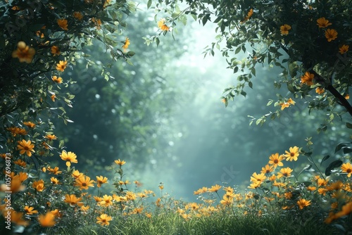 A serene path through a misty forest adorned with vibrant yellow flowers in early morning light