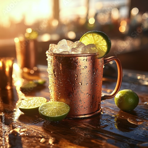 A refreshing cocktail with ice and lime sits on a bar counter during sunset i...