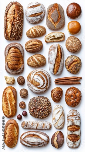 Artisanal breads of various shapes and textures displayed on a white background