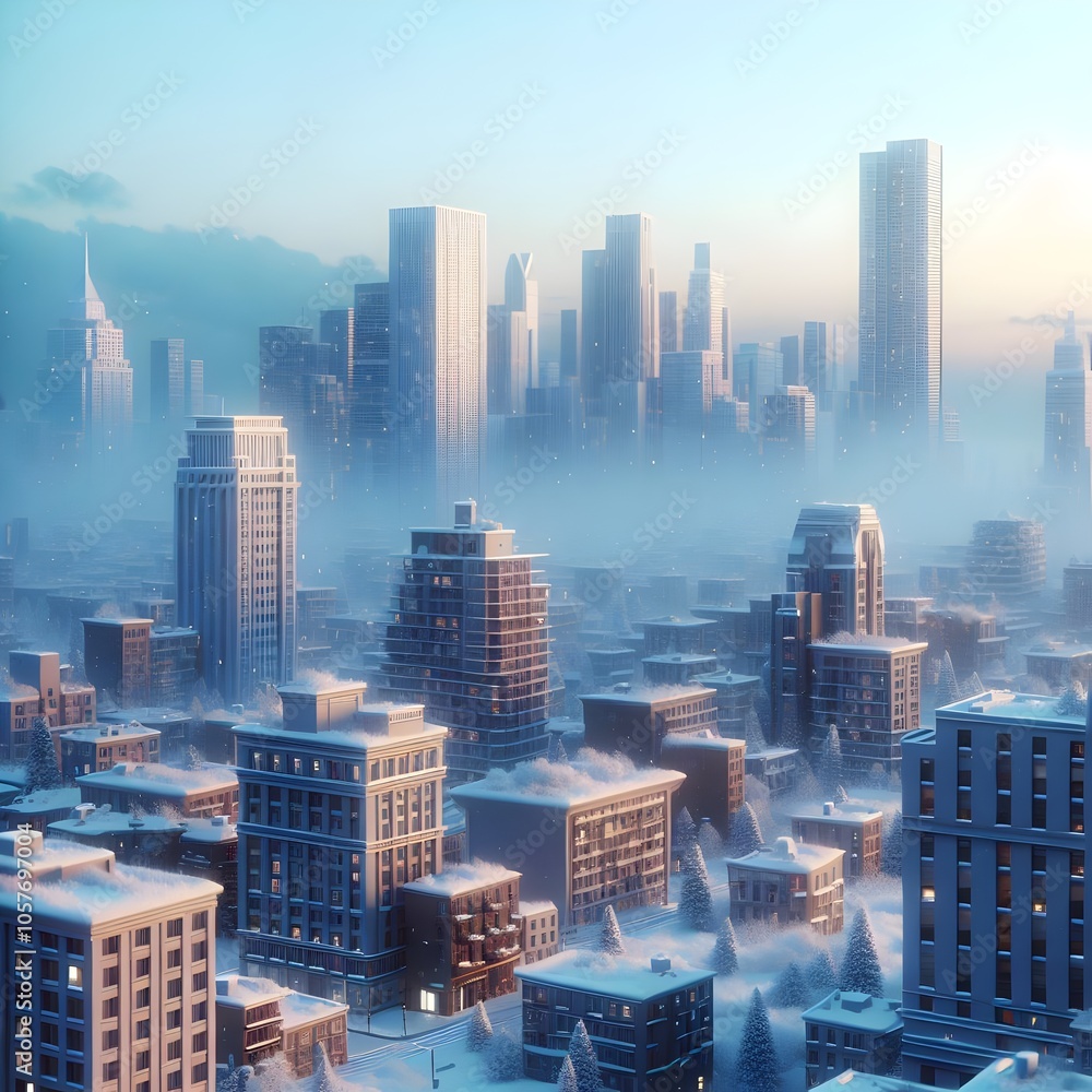 Obraz premium A snowy cityscape with tall buildings glows under a soft blue sky.