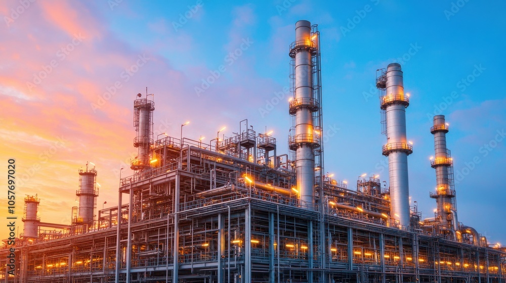 Fototapeta premium Intricate Refinery Structures at Sunset