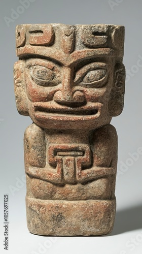 Ancient Stone Sculpture with Humanoid Features and Intricate Carvings