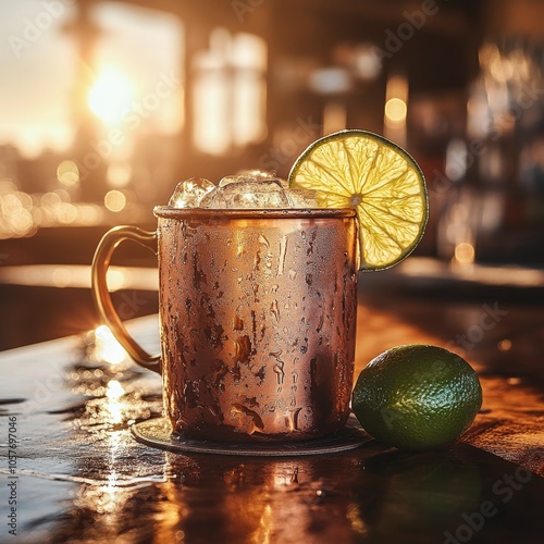A refreshing cocktail with ice and lime sits on a bar counter during sunset i...