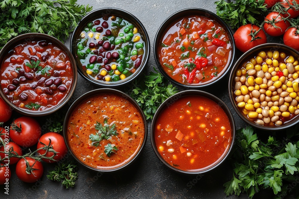 Assorted hearty soups featuring beans, vegetables, and fresh herbs Assorted hearty soups featuring beans, vegetables, and fresh herbs
