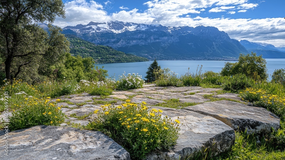 Wildflowers surrounding stone platform with breathtaking mountain and lake scenery. Natural beauty with a sense of peace. Wildflowers surrounding stone platform with breathtaking mountain and lake scenery. Natural beauty with a sense of peace.