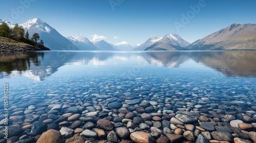 Clear lake with rocky shore and mountain reflections